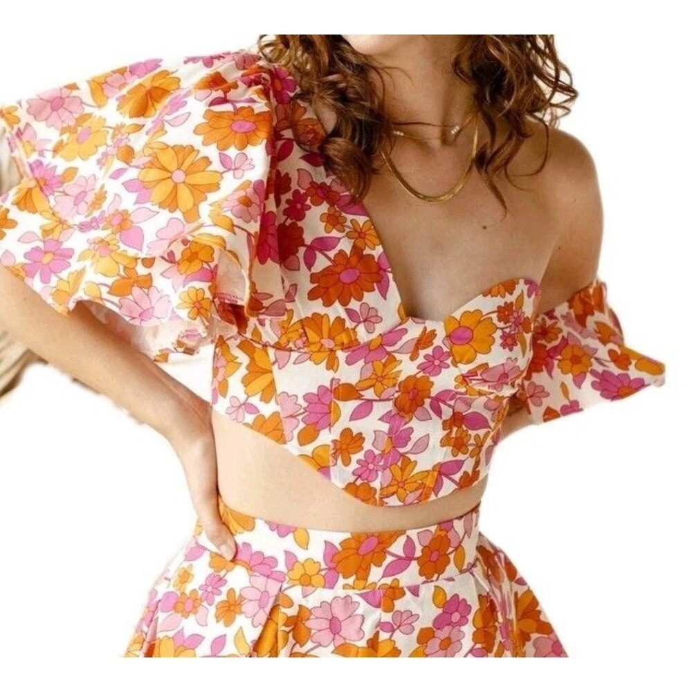 Klesis Floral Puff Sleeve Crop Top Pink Orange Retro Flower Power Festival Large